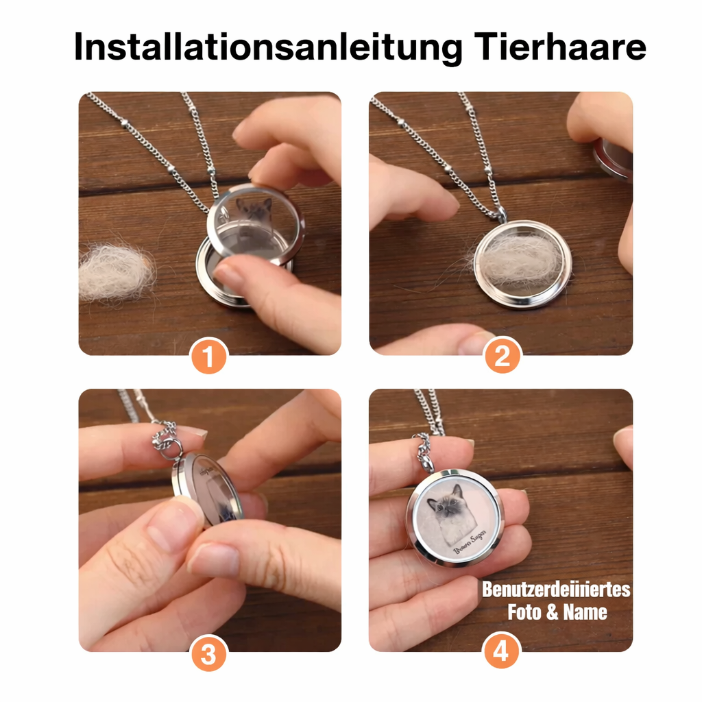 Haustier Gedenkschmuck: Personalisierte Kette mit Haustier-Porträt und Fach für Fell