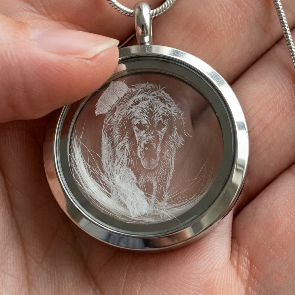 Haustier Gedenkschmuck: Personalisierte Kette mit Haustier-Porträt und Fach für Fell