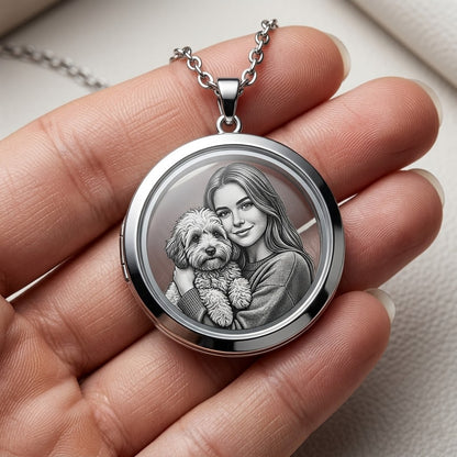 Haustier Gedenkschmuck: Personalisierte Kette mit Haustier-Porträt und Fach für Fell